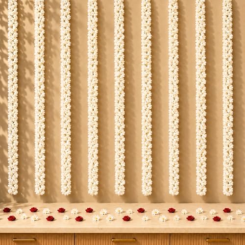 LoveNspire Artificial Jasmine Buds Flower Garland for Home Decor – Floral Wall Hanging Strings for Mandir Backdrop, Diwali, Wedding, Indoor & Outdoor Festive Events 5 Feet / 4 Strings