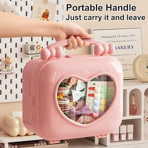 Image of KiZY Girl Kid Hair Accessories Storage Box | Hair Ties-Clips, Bow-Ribbon-Headband, Jewelry Organizer | Portable Case | Available in Multiple Design-Color. (Pack of - 2, Pink Suitcase)