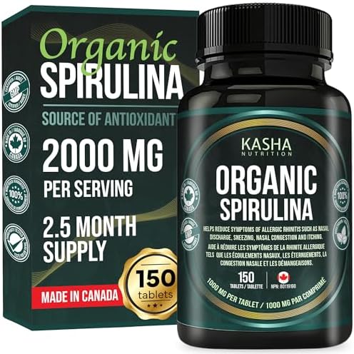 Organic Spirulina Tablets 1000 mg Per Tablet (150 Tabs)! Premium Source of Chlorophyll with Natural Green Spirulina Powder. Antioxidant Rich, Allergy Relief, Blue-Green Algae Superfood. Vitamins, Minerals. Vegan, Non-GMO, Gluten, Soy, Dairy Free! Made in Canada. 2.5 Month Supply.