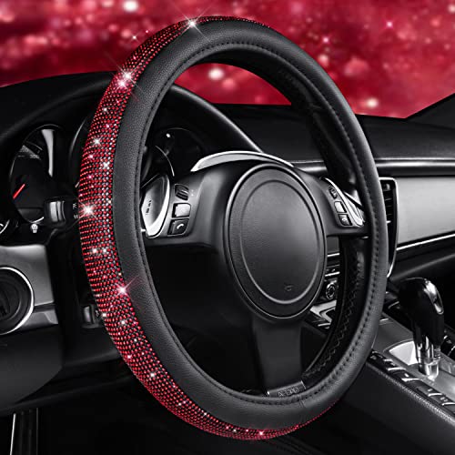 Car Pass Red Diamond Black Leather Steering Wheel Cover, With Bling Crystal Rhinestones Universal Fit 14" 1/2-15" Crystal Glitter For Women Sparkle Girl Fit Suvs,Vans,Sedans,Cars,Trucks, Red Diamond #TOP1