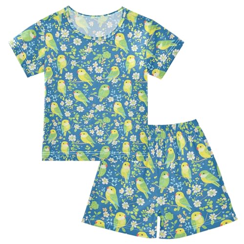 Green Parrot Flower Pattern Summer Cute Pajama Sets, Short Sets for Daily Wears and Sleep Wears