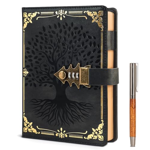WEMATE Tagebuch mit Schloss und Geschenkbox, A5, 260 Seiten, nachfüllbar, Hardcover Passwort Notizbuch, Vintage Lock Journal, Mädchen, Männer, Studenten, 21,8 x 14,7 cm (Schwarz)