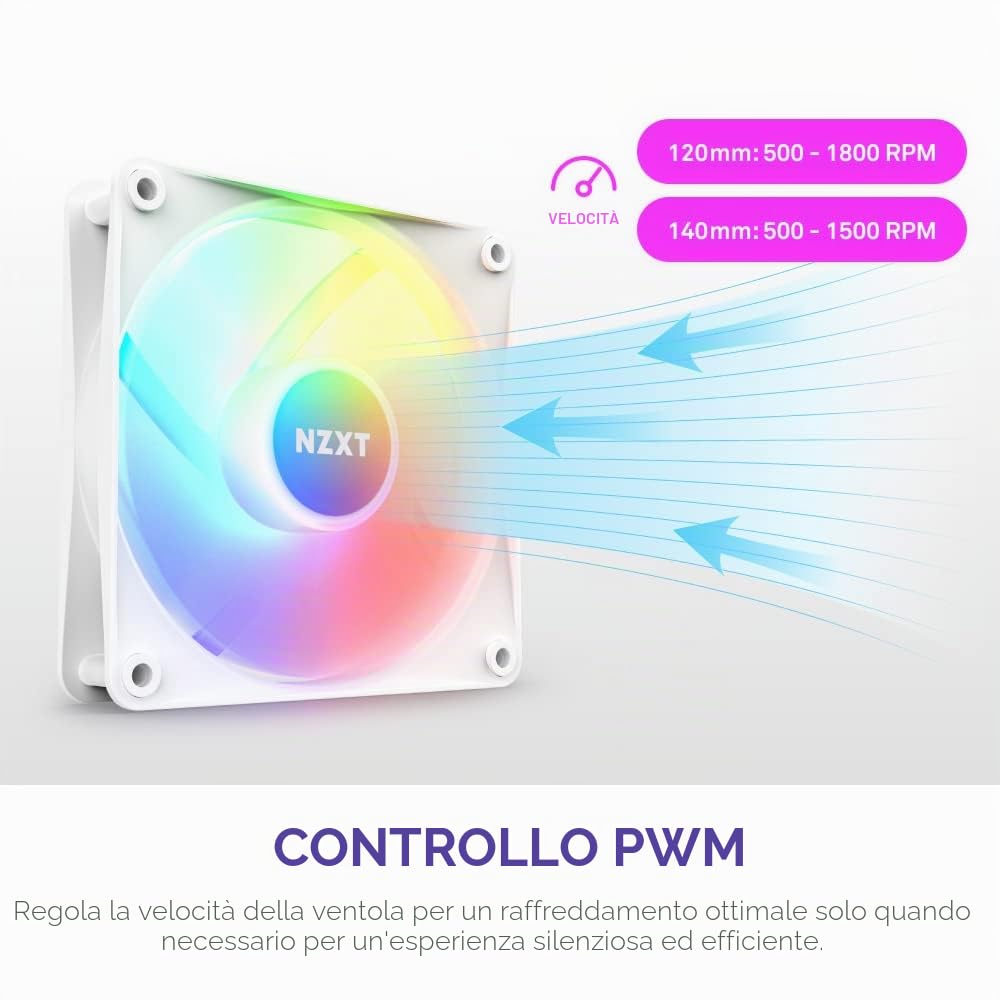 NZXT F120 RGB Core - RF-C12SF-W1 - Ventola RGB montata su hub 120mm - 8 LED indirizzabili singolarmente - Valori elevati di pressione statica e di flusso d’aria - Controllo PWM - Bianco