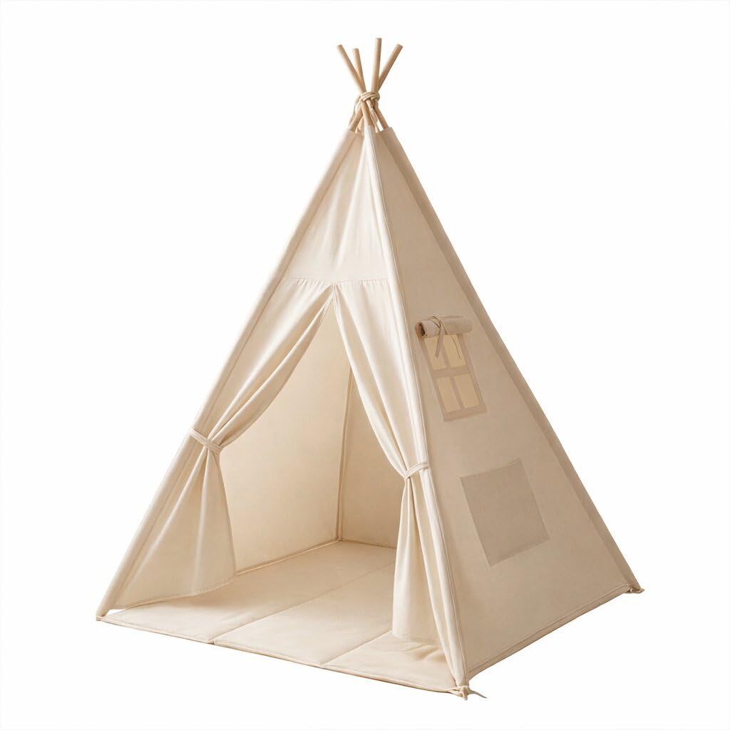 Tipi Enfant 120x120x160cm – Tipi Intérieur Coton Naturel EN71 – Cabane Enfant Chambre Garçon Fille – Tapis de Sol et Guirlande – Cadeau Anniversaire 2-10 Ans