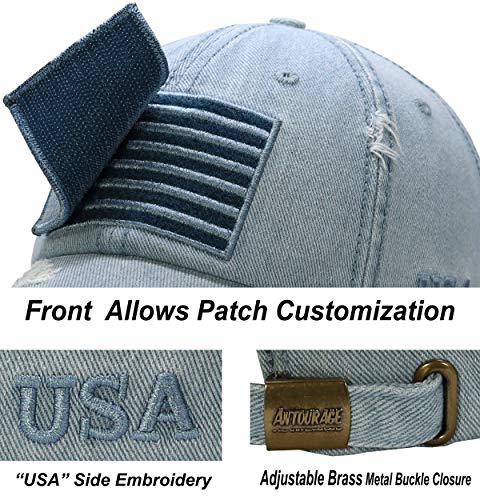 Antourage American Flag Hat For Men And Women | Vintage Baseball Tactical Hat Cap With Usa Flag + 2 Patriotic Patches ((39) Light Denim With Keyhole) #TOP4