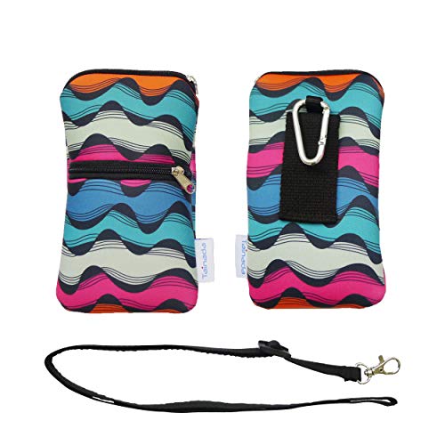 Tainada Phone Neoprene Shockproof Dual Zippered Sleeve Bag Pouch with Carabiner, Neck Lanyard Strap, Belt Loop for iPhone 11/12 Pro, Xs, Samsung S20, Note 10, S10, LG G8 (Multi-Colored Waves Pattern)
