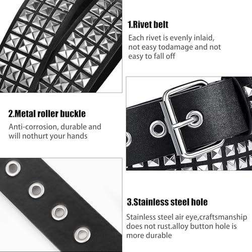 Black Studded Belt Y2K Belt 3 PCS Cool Belts Gothic Punk Rock Belts with Grommet Threads Bright Metal Pyramid for Women Men4