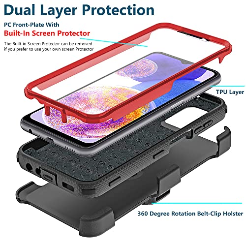 Covrware For Samsung Galaxy A23 5G / A23 (4G) Aegis Series Case, Full-Body Rugged Dual-Layer Shockproof Protective Swivel Belt-Clip Holster Cover With Built-In Screen Protector, Kickstand, Red #TOP1