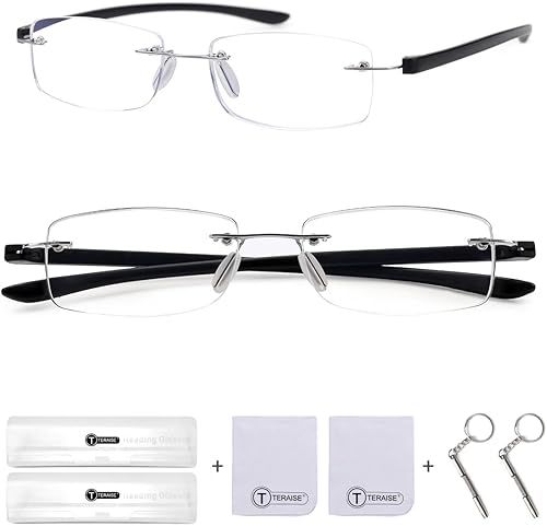 TERAISE Paquete de 2 lentes de lectura sin montura para hombres y mujeres, lentes de lectura con bloqueo de luz azul, ultraligeros sin marco, para