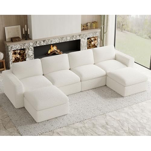 Cloud Sectional Couches for Living Room Plush Corduroy U Shaped Boneless Modular Sectional Sofa with Deep Seat. White Couch. Beige 4 Seaters with 2 ot