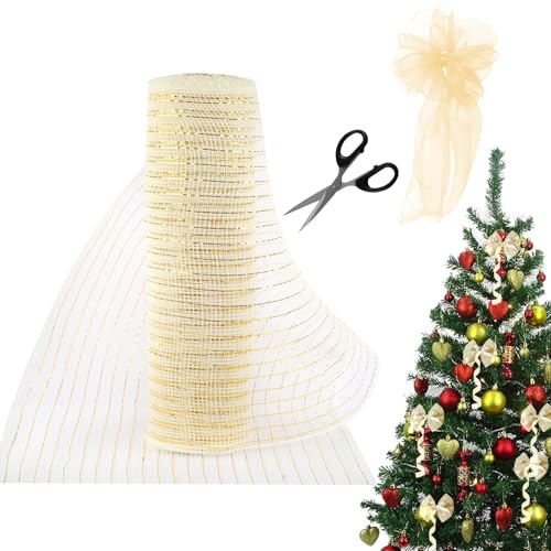 Christmas Deco Mesh, Elegant Christmas Tree Ribbon with Metallic, Mesh Ribbon for Wreaths, Garlands & DIY, Decorative Ribbons with Scissors for Gift Wrapping, Festive Decor (10 x 10Yds, Beige)