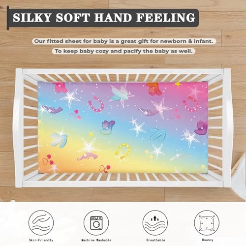 Image of Horse Baby Crib Sheet 52''x28'' Fitted Crib Western Cowboy Mattress Sheet for Boy Rainbow Soft Nursery Bed Sheet for Standard Crib and Toddler Mattress