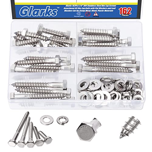 Glarks 162Pcs 1/4" 304 Stainless Steel Hex Lag Screws Assortment Kit Hex Lag Bolts with Flat Washers and Lock Washers Set for Fixing Metal, Wood, Plastic Materials