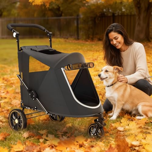 Image of Magshion Pet Stroller for Medium Large Dog, 3-Wheel Foldable Jogger, Black | All-Terrain with Adjustable Handle, Dual Entry, Rear Storage, Breathable Mesh, One-Foot Brake, Up to 55 lbs