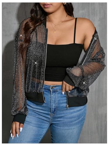 Floerns Women's Plus Size Glitter Long Sleeve Mesh Coats Zip Up Sheer Bomber Jackets4