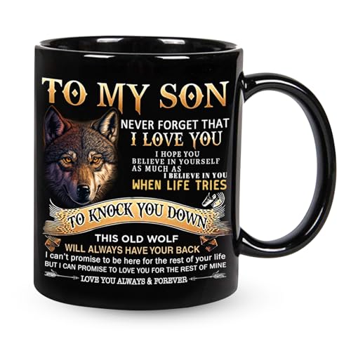 Gifts for Son Kaffeetasse mit Aufschrift "To My Son Wolf", 325 ml, perfekt für Geburtstag, Valentinstag, Vatertag, Abschluss und Weihnachten (schwarz)