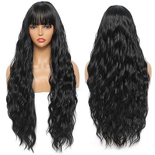 Sylhair Wigs with Bangs for Black Women 30 Inch Long Wavy Black Wig with Bangs loose wave Synthetic Wigs with Simulate Scalp Heat Resistant