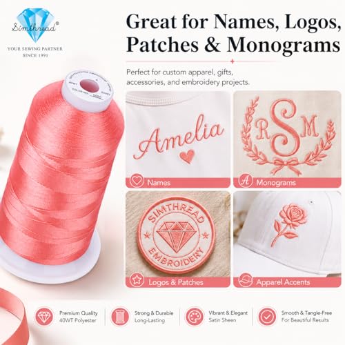 Image of Simthread 5500Yds /5000M 40WT Polyester Embroidery Thread Md Coral Pink S090 | High-yardage 5000M spool offers smooth feeding and stable 40WT polyester thread for home and commercial embroidery machines.