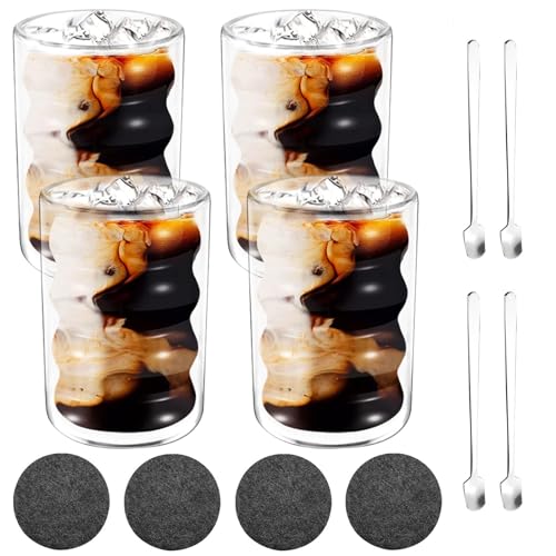 Aiuuee Set di 4 Tazzine Vetro Caffe, 350 ml Tazza Doppio Vetro, set Tazzine Caffè con 4 Cucchiai + 4 Sottobicchieri, Bicchieri da Latte Macchiato, Adatto per Latte, Caffe, Birra