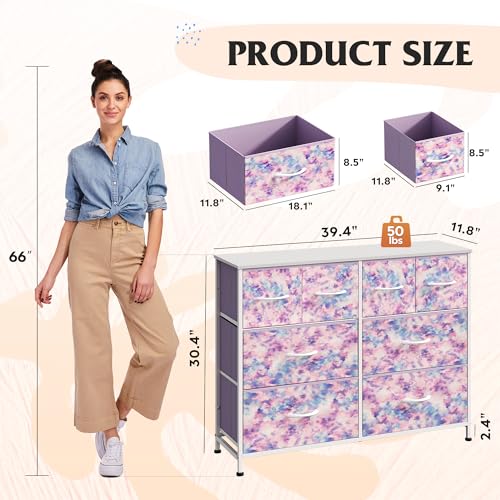 Image of WLIVE Dresser for Bedroom with 8 Drawers, Wide Fabric Dresser for Storage and Organization, Bedroom Dressers, Chest of Drawers for Living Room, Closet, Hallway, Tie-dye Print (Pink, Purple, Blue)