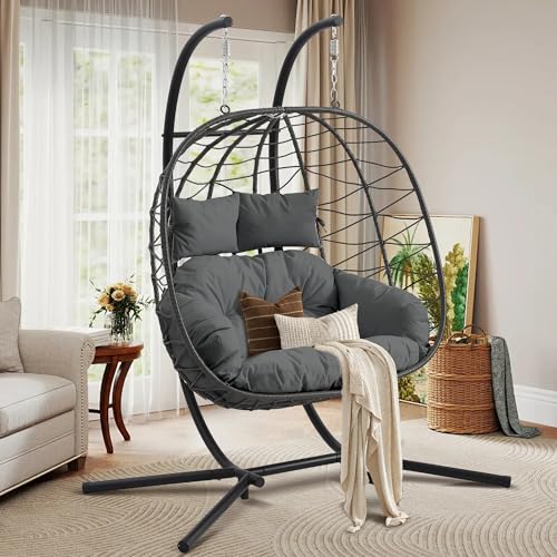 dealsforyoudays Double Egg Chair with Stand for Patio, Outdoor Indoor Hanging Swing Chair with Cushions, Wicker Rattan, 700lbs Capacity, Waterproof Sunproof for Balcony Garden Porch, ChristmasGift