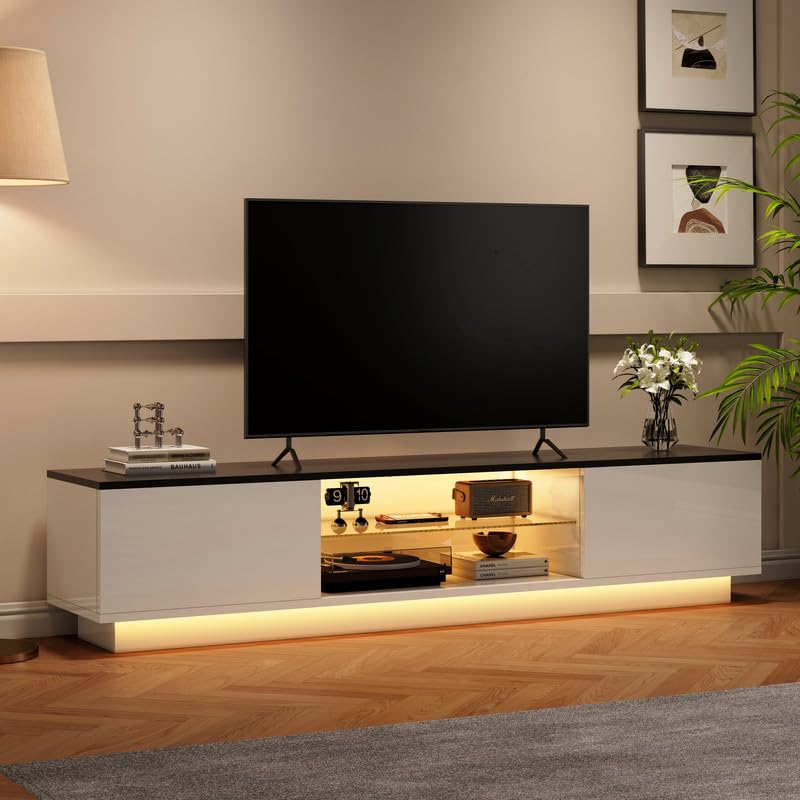 Szafka pod telewizor z oświetleniem LED, drewniany stolik telewizyjny z 2 drzwiami i szklanymi półkami, ławka telewizyjna 160 cm, konsola TV, szafka telewizyjna, szafka pod telewizor 55-65
