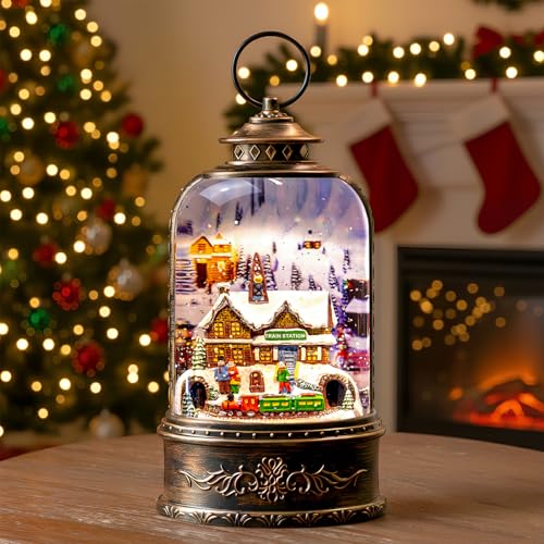 Snow Globe Lantern Lighted Train Station Musical Christmas Village Water Lantern in Swirling Glitter Decoration for Christmas Home, Living Room, Battery Operated or USB Powered
