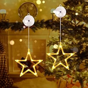 Qedertek LED Stars Christmas Lighting, 10 LED Light Curtain, Warm White, Battery Operated with Suction Cups, Timer, Window Fairy Lights Indoor for Christmas Decoration, Balcony, Party, Wedding (Pack of 2)