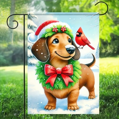 Image of BlissYard Winter Yard Flag Dachshund Cardinal 12x18 Inch Polyester