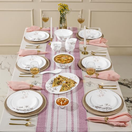 Image of Treo by Milton Opalware Aurelia Arashi Dinner Set of 33 | Serving for 6 | Microwave & Dishwasher Safe | Bone-Ash Free | Tempered Toughness | Plates, Bowls, Spoons | Crockery Set for Dining & Gifting