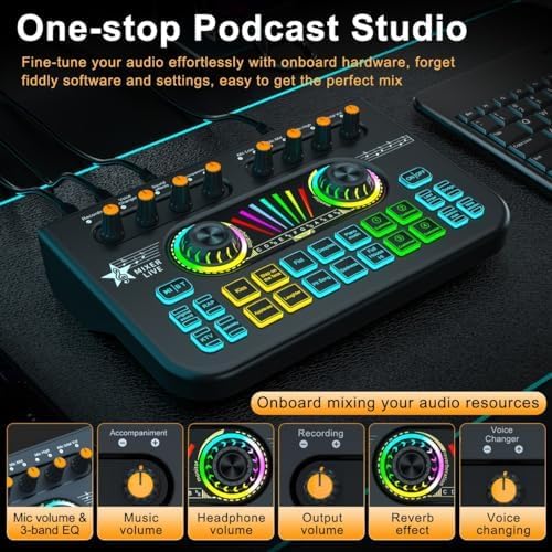 Tenlamp X3 Mixer with labels for Mic volume, Music volume, Headphone volume, Output volume, Reverb effect, Voice changing