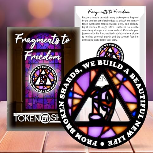 Image of Stained Glass 19 Year AA Chip Sobriety Coin Medallion, Fragments to Freedom Alcoholics Anonymous Addiction Recovery Anniversary Token, Inspirational Sober Gifts for Men and Women by the Token Shop