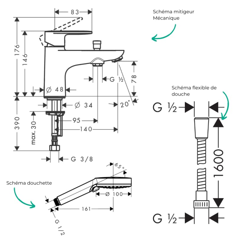 Hansgrohe Pack mitigeur Bain Douche monotrou Vernis Blend + Flexible Metaflex + Pommeau Vernis Blend 100 Vario chromé