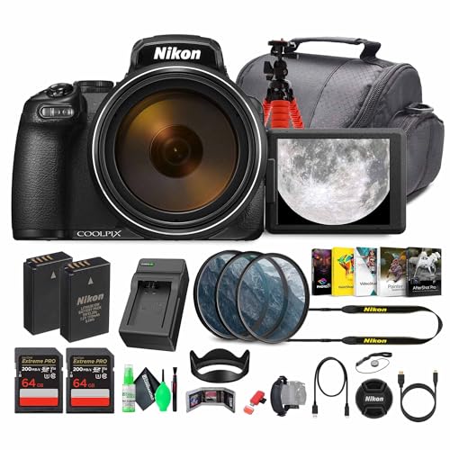 Nikon COOLPIX P1100 125x Super Zoom Compact Digital Camera (26541) + Photo Software + 2 x 64GB Memory Card + Lens Filter Kit + Camera Bag + EN-EL20 + Charger + Flexible Tripod + More