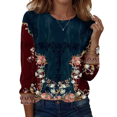 Long Sleeve Tees for Women Cotton Vintage Print Loose Pullover Tops Crew Neck Casual t Shirts Fall Fashion Outfits
