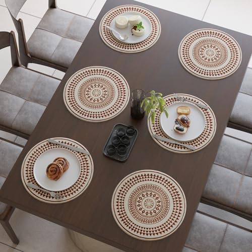 Image of Dining Table Mats Set of 6 | Cotton Table Mat 32 cm Diameter, Ecasa XO Washable Round Table Mats, Heat Resistance Dining Table Placemats, Handmade Ribbed Style for Centre Table, Maroon Mandala-3 Print