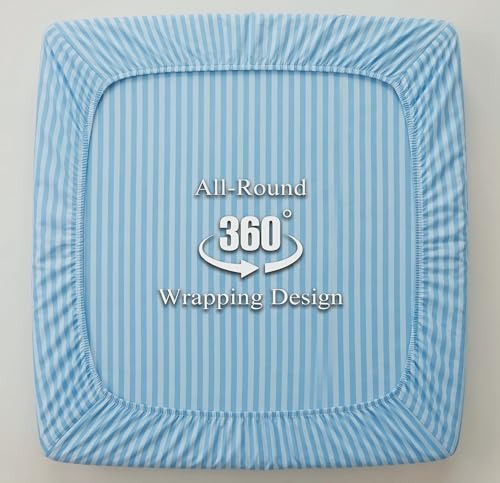 Image of VAS COLLECTIONS Premium 210 TC Cotton Satin Striped Elastic Fitted Bedsheets with 2 Pillow Covers | Double Bed with All Around Elastic Supersoft | Size - 78x72+10 inches, Aqua