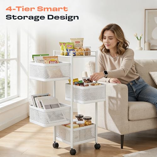 Image of Metal Multi-Purpose Trolley Kitchen Storage Organizer Rack Stand with 360 Wheels | 4 Layer Square Design | Kitchen Accessories Items for Fruit Vegetable Onion Rack for Kitchen (White)