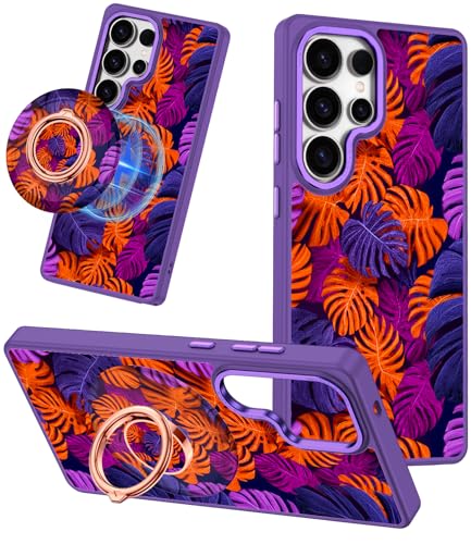 Meshine for Galaxy S24 Ultra Case,Compatible with MagSafe,360°Magnetic Ring Holder Rotation Stand,Matte with Cute Flowers for Women Girls Funny Fashion Cover for Samsung Galaxy S24 Ultra 5G,Purple