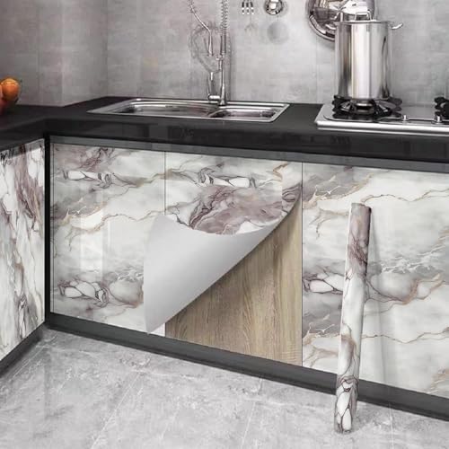 Image of VOLITO Self Adhesive Marble Wallpaper Kitchen Wallpaper Oil Proof & Waterproof Wallpaper for Cabinet Makeover, Almirah, Plastic & Tabletop, Wardrobe (60x200cm) (V-New White Brown)