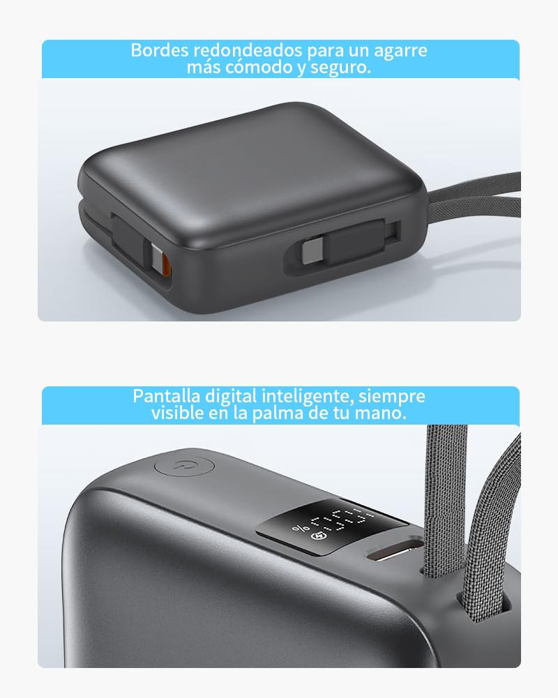 Batería Externa 12000mAh 44.4Wh PD 22.5W Carga Rápida USB-C Cargador iOS 3 Dispositivos Simultáneamente 2 Cables Integrados Compatible iPhone16,QC3.0,Salida USB-A/Type-C/iOS,Entrada Type-C,Plata