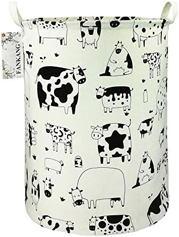 FANKANG Storage Basket, Nursery Hamper Canvas Laundry Basket Foldable with Waterproof PE Coating Large Storage Baskets for Kids Boys and Girls, Office, Bedroom, Clothes,Toys（Cows）