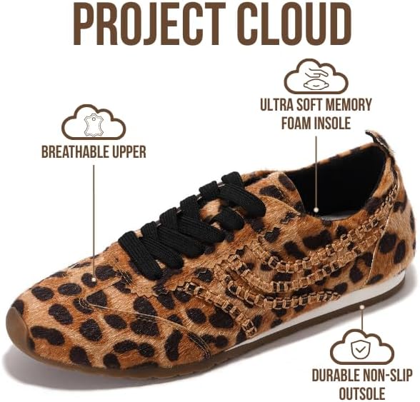 Project Cloud Leather Barefoot Shoes Women – Memory Foam Lace-Up Womens Sneakers – Lightweight & Non Slip Womens Shoes Casual – All-Day Women's Fashion Sneakers for 2026 (Monica,LEOP,10) Gold - Image 3
