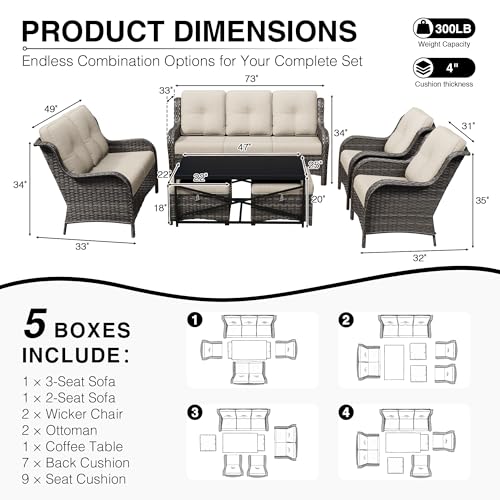 Image of Joyside 7 Piece Wicker Patio Furniture Set, Rattan Patio Chairs with High Back, Deep Seating, Wide Armrest, Thickened Cushions, Outdoor Furniture for Deck, Porch Use