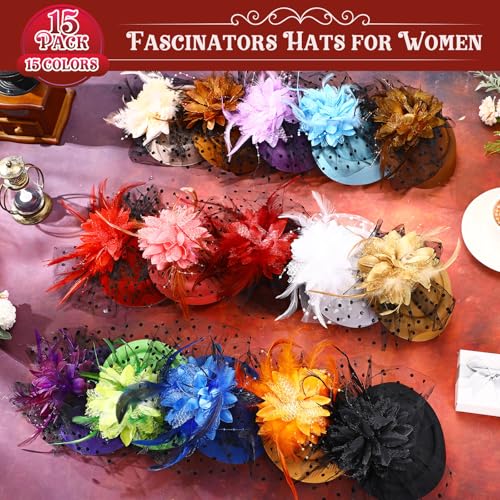 Jeyiour 15 Pcs Tea Party Hats for Women 20s Fascinators Pillbox Hats Headwear with Veil Flower Feathers for Wedding Church (Elegant Color) - Thumbnail 3