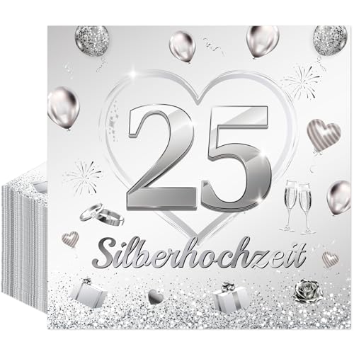 Afritee 25. Silberhochzeit Servietten, 40 Stück Silber Hochzeit Deko Papierservietten...