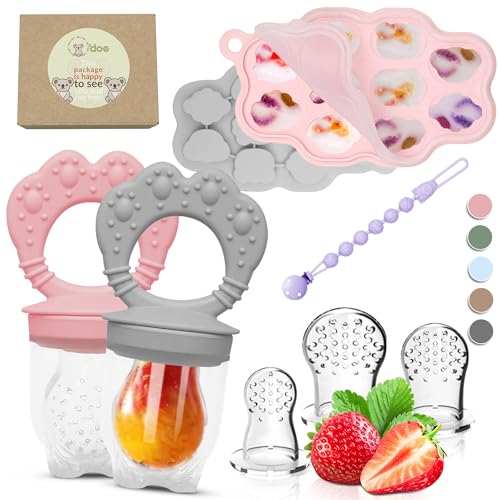 Image of O’doe Silicone Baby Popsicle Molds & 2 Baby Food Feeders with 1 Clip, 2-Pack Freezer Tray with Lid, 10-Hole Popsicle Molds for Teething Relief, Includes 3 Extra Pacifiers, BPA Free (Pink,Grey)