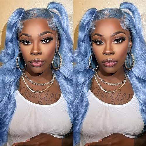 Image of Light Blue Body Wave Lace Front Wig Human Hair 180% Density Colored Human Hair Wigs For Women HD 13x4 Lace Frontal Wig Virgin Brazilian Hair 18 Inch