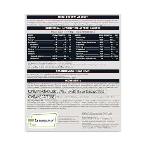 Image of MuscleBlaze Pre Workout WrathX Powder, Fruit Fury, 85g | 5 Servings | With Creapure, NitroBlaze & BioPerine