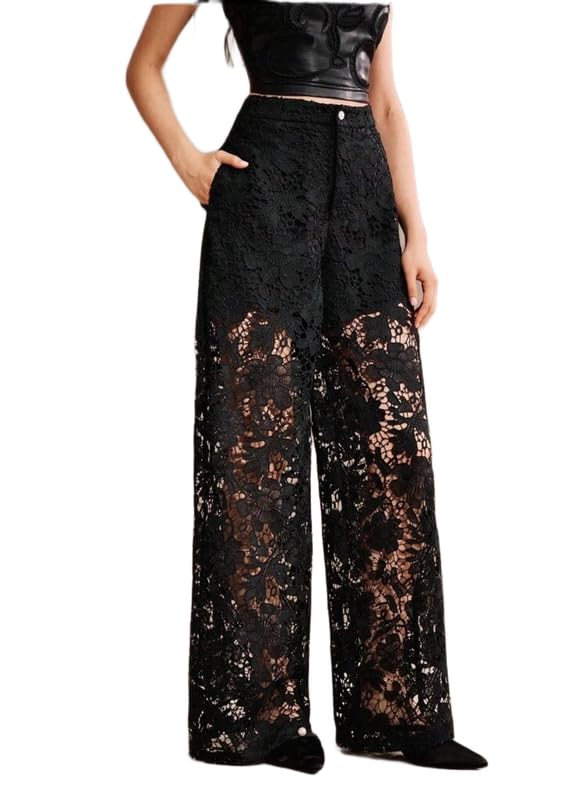 Pure Cotton Imported Lace Loose Fit Pants with Lining, Designed Using Imported lace Fabric and a Relaxed Structured Silhouette in Black-image-44